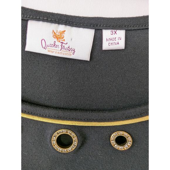 Quacker Factory Womens 3X Tank Top Black Gold Trim Rhinestone Grommet‎ Stretch - Picture 2 of 6